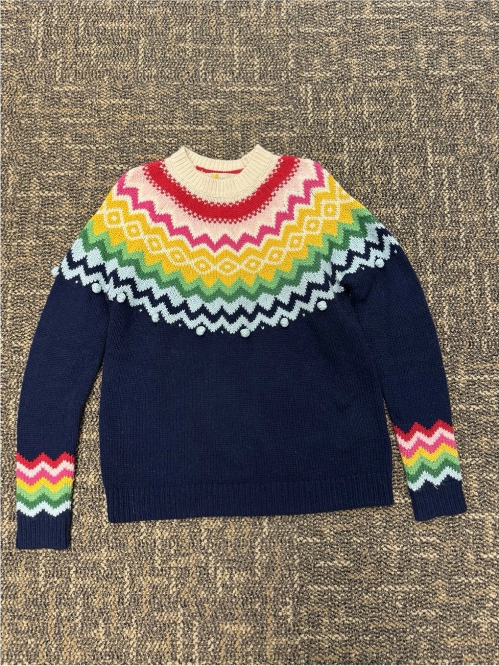 Boden Colorful Rainbow Fair Isle Bobble Pom Yoke Sweater Navy Size US 4 - Picture 2 of 6